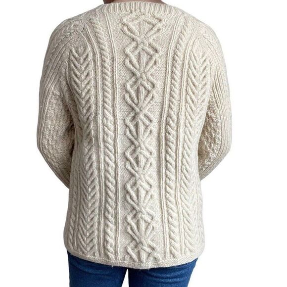 Vintage Hand Knit Womens White 100% Wool Fisherman Chunky Knit Cardigan Sz M - Picture 5 of 9